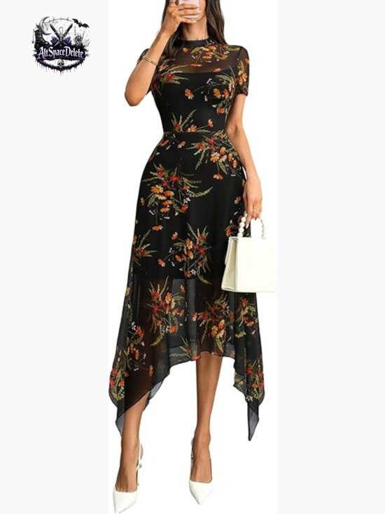 Dresses & Skirts - Floral Mesh Midi Dress, Double-Layered, A-Line, Short Sleeve, Gothic Style